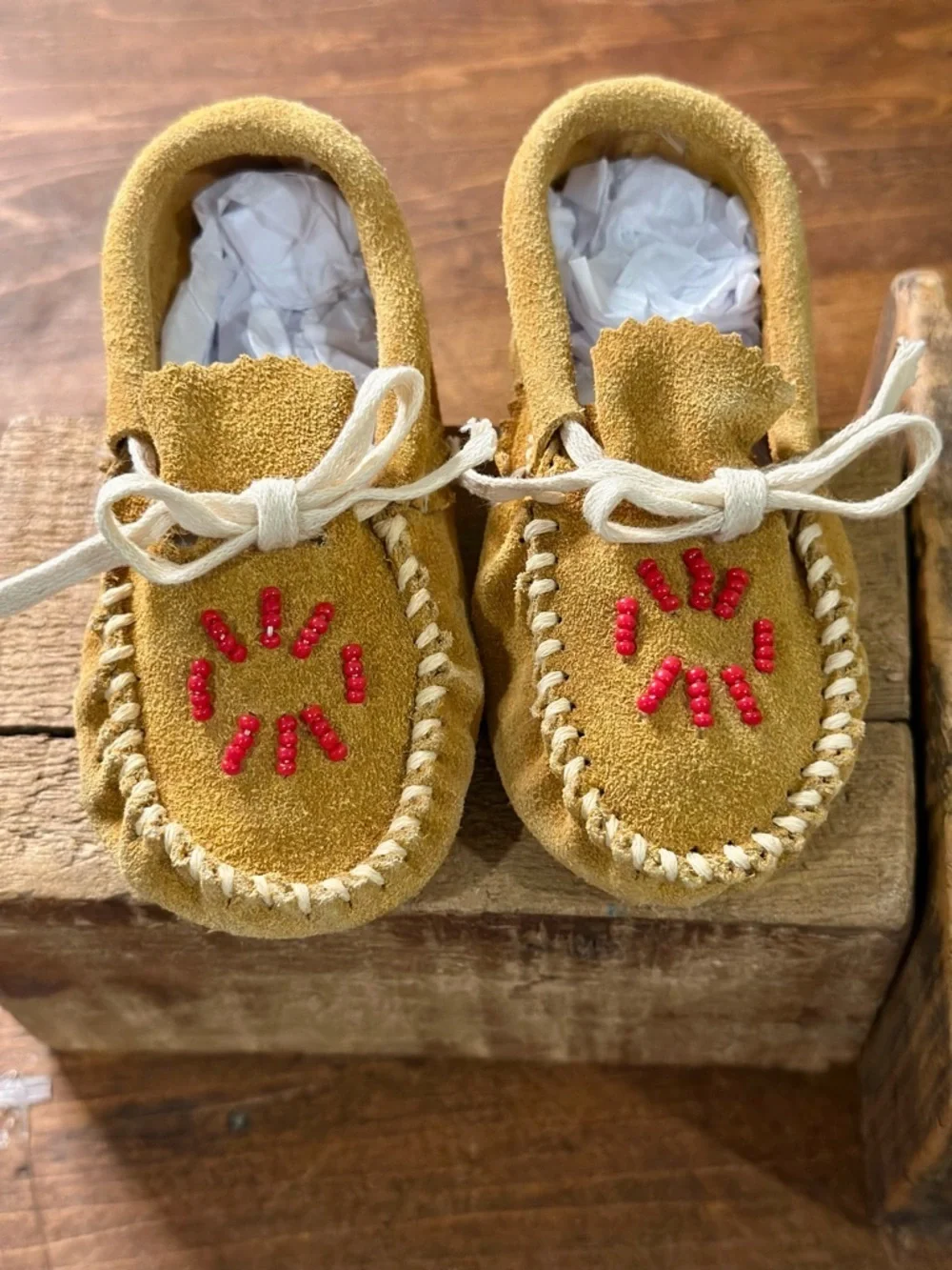 Vintage Leather Baby Moccasins Tan and White Size 3 and 1